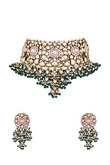 Gold Plated Green Beaded & Pearl Meenakari Necklace Set