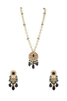 Gold Plated Purple & Sea Green Beaded Long Necklace Set