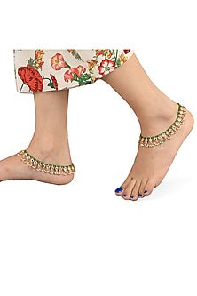 Gold Plated Jadtar Stone & Green Beaded Payal (Set of 2)