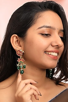 Gold Plated Red & Green Stone Peacock Dangler Earrings
