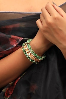 Gold Plated Jadtar Stone & Sea Green Beaded Openable Bangle