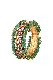 Gold Plated Jadtar Stone & Sea Green Beaded Openable Bangle