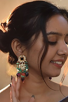Gold Plated Purple & Sea Green Beaded Dangler Earrings