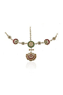 Gold Plated Green & Red Jadtar Stones Matha Patti