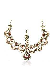 Gold Plated Red Jadtar Stones Matha Patti