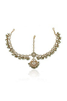 Gold Plated Green & White Jadtar Stones Matha Patti