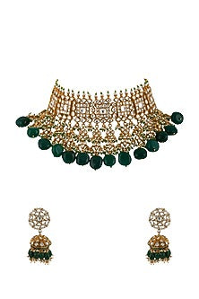 Gold Plated Dark Green Jadtar Stones Necklace Set