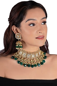 Gold Plated Dark Green Jadtar Stones Necklace Set