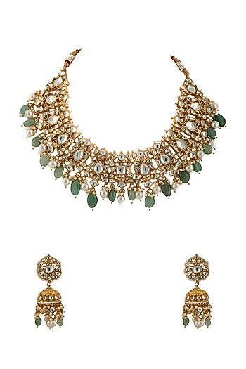 Gold Plated Sea Green Beads Necklace Set