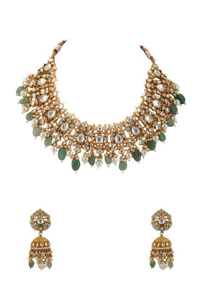 Gold Plated Sea Green Beads Necklace Set