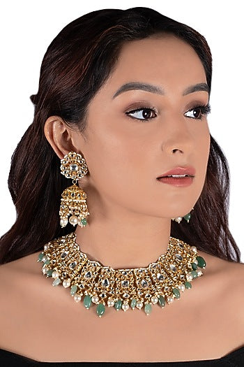 Gold Plated Sea Green Beads Necklace Set