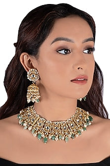 Gold Plated Sea Green Beads Necklace Set