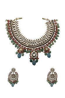 Gold Plated Blue & Sea Green Beads Necklace Set