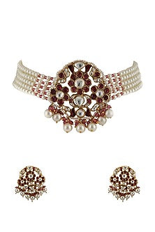 Gold Plated Pink & White Stone Choker Necklace Set
