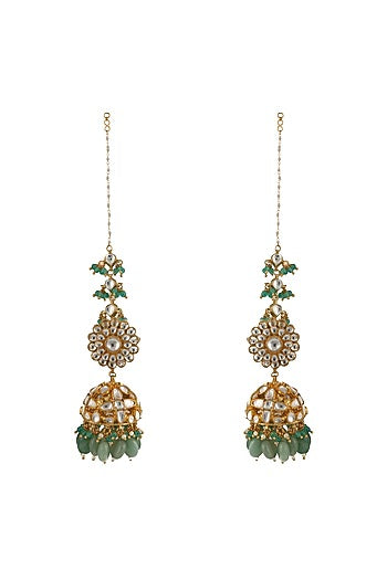 Gold Plated Sea Green Bead Jhumka Earrings