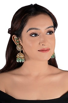 Gold Plated Sea Green Bead Jhumka Earrings
