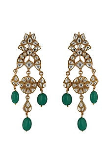Gold Plated Jadtar Green Bead Earrings