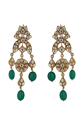 Gold Plated Jadtar Green Bead Earrings