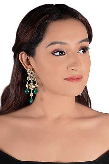 Gold Plated Jadtar Green Bead Earrings