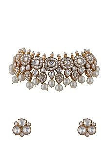 Gold Plated Pearl & Jadtar Stone Choker Necklace Set