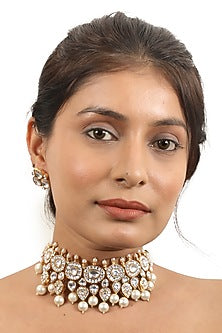 Gold Plated Pearl & Jadtar Stone Choker Necklace Set