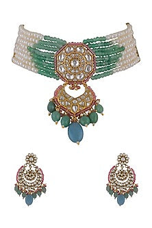 Gold Plated Pearl & Jadtar Stone Choker Necklace Set