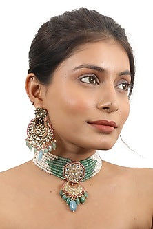 Gold Plated Pearl & Jadtar Stone Choker Necklace Set