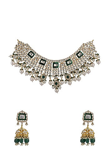 Gold Plated Pearl & Jadtar Stone Necklace Set