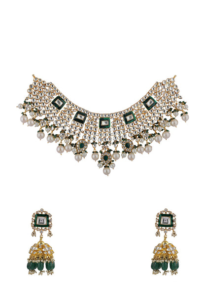 Gold Plated Pearl & Jadtar Stone Necklace Set