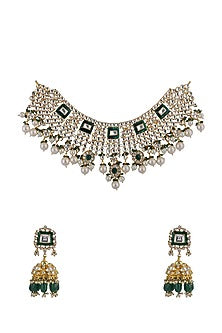 Gold Plated Pearl & Jadtar Stone Necklace Set