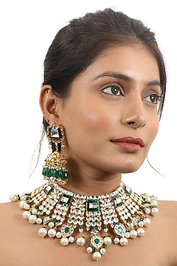Gold Plated Pearl & Jadtar Stone Necklace Set