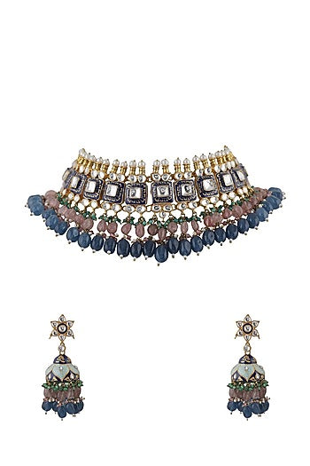 Gold Plated Pearl & Jadtar Stone Meenakari Choker Necklace Set