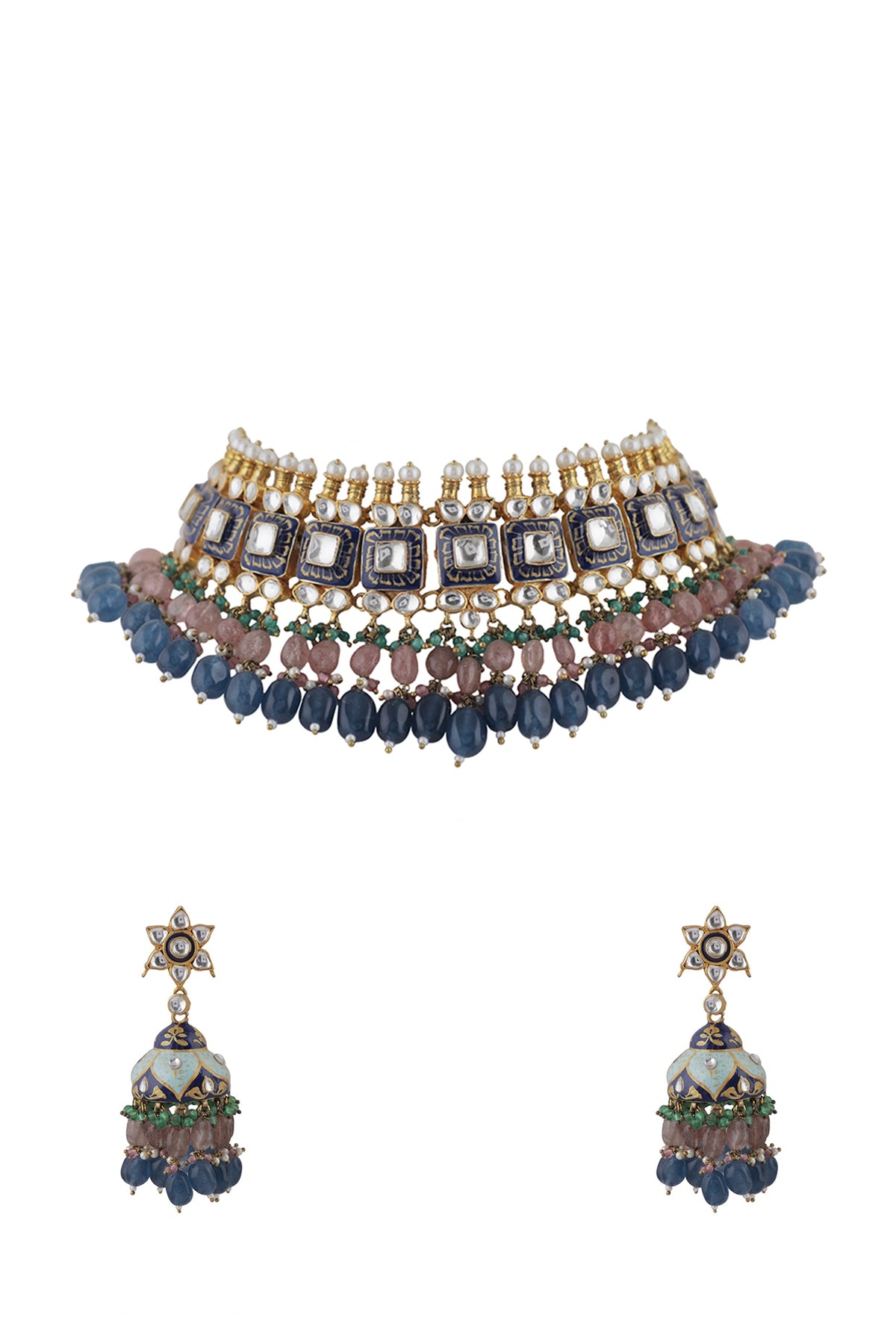 Gold Plated Pearl & Jadtar Stone Meenakari Choker Necklace Set