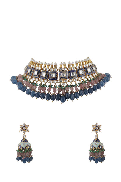 Gold Plated Pearl & Jadtar Stone Meenakari Choker Necklace Set