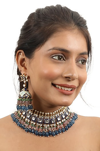 Gold Plated Pearl & Jadtar Stone Meenakari Choker Necklace Set