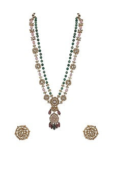 Gold Plated Light Pink Beaded & Pearl Long Necklace Set