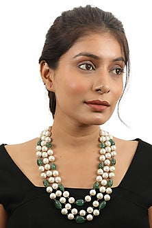 Gold Plated Sea Green Beaded Layered Mala