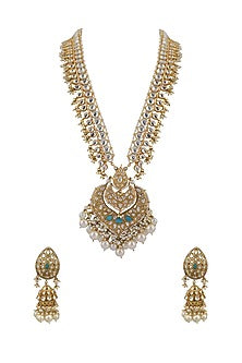 Gold Plated White Pearl Long Pendant Necklace Set