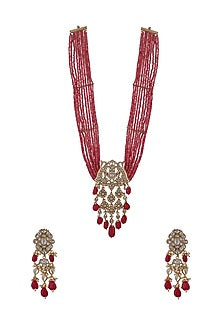 Gold Plated Pink Beaded & Pearl Long Necklace Set