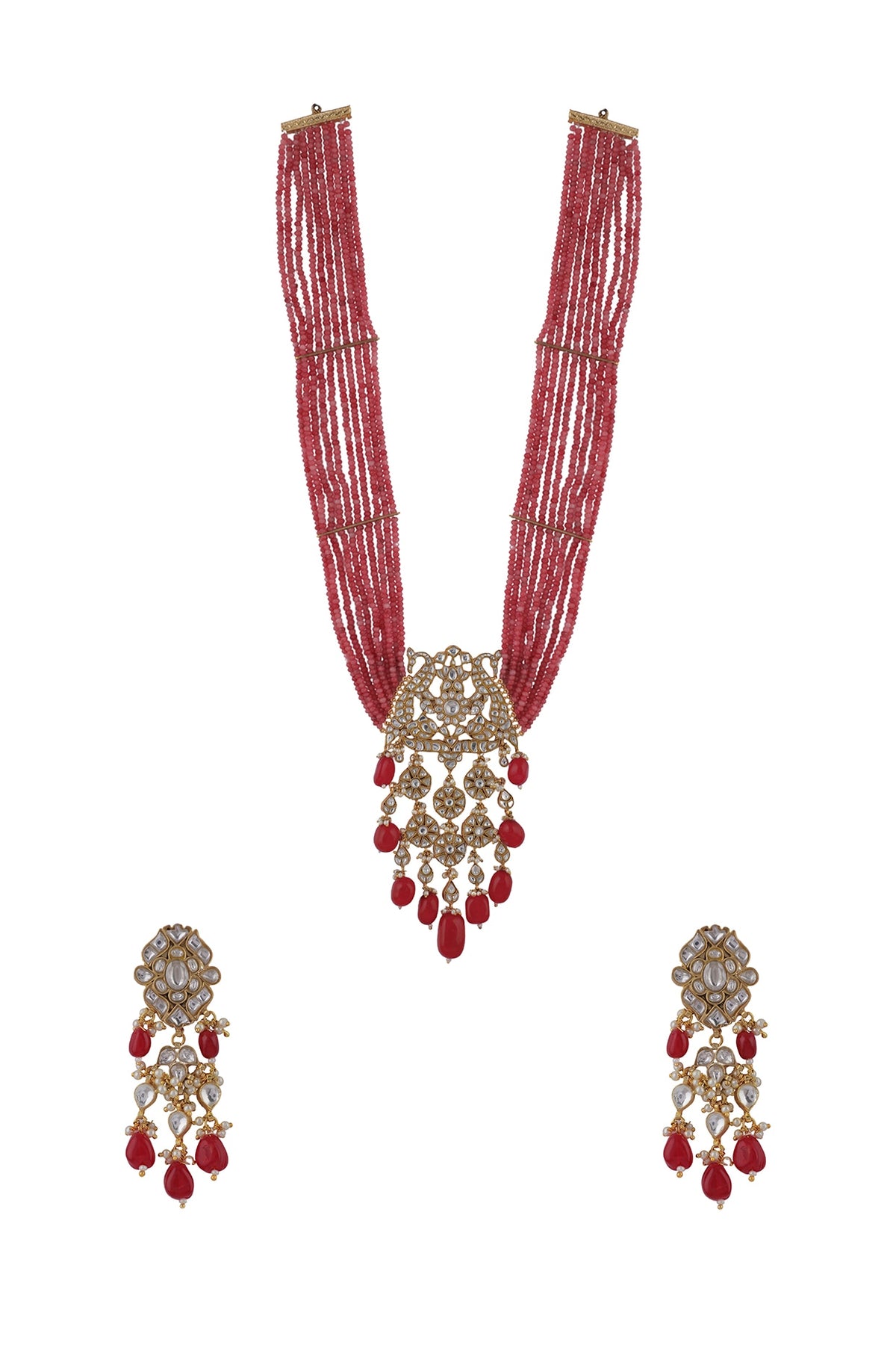 Gold Plated Pink Beaded & Pearl Long Necklace Set