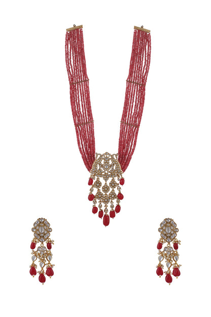 Gold Plated Pink Beaded & Pearl Long Necklace Set