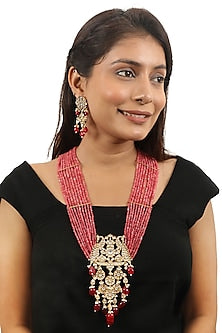 Gold Plated Pink Beaded & Pearl Long Necklace Set