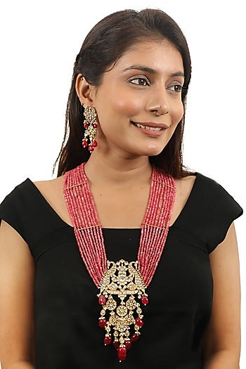 Gold Plated Pink Beaded & Pearl Long Necklace Set