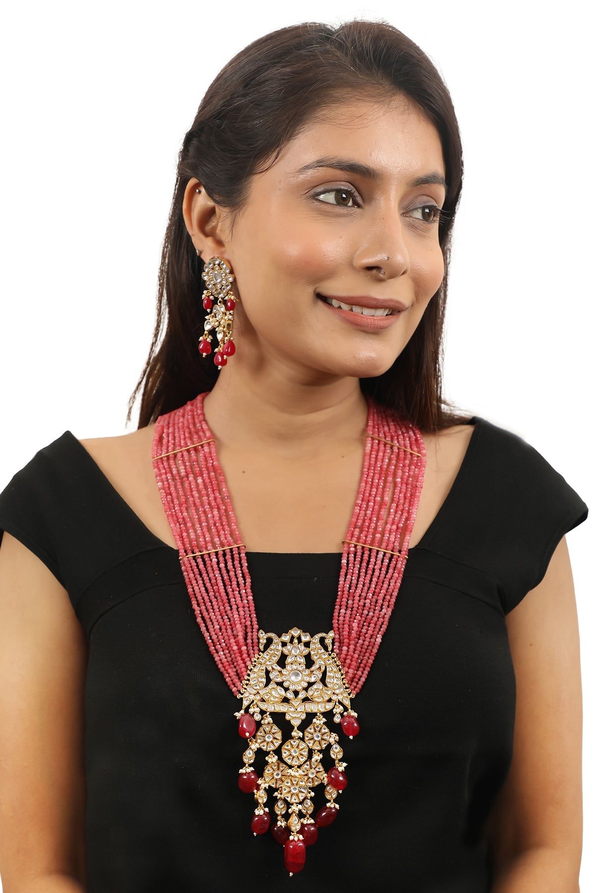 Gold Plated Pink Beaded & Pearl Long Necklace Set