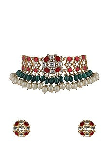 Gold Plated Green Beaded Choker Necklace Set