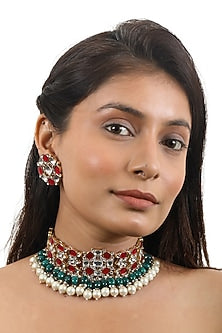 Gold Plated Green Beaded Choker Necklace Set