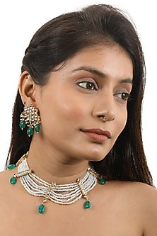 Gold Plated Green Beaded Choker Necklace Set