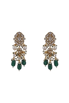 Gold Plated Green Pearl & Jadtar Stone Floral Dangler Earrings