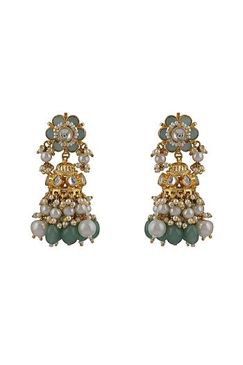 Gold Plated White Pearl Floral Jhumka Earrings
