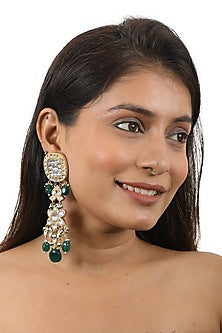 Gold Plated Pearl & Jadtar Stone Floral Dangler Earrings